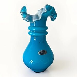 Vintage Fenton Jamestown Blue Overlay Double Ring Ruffled Vase 6”